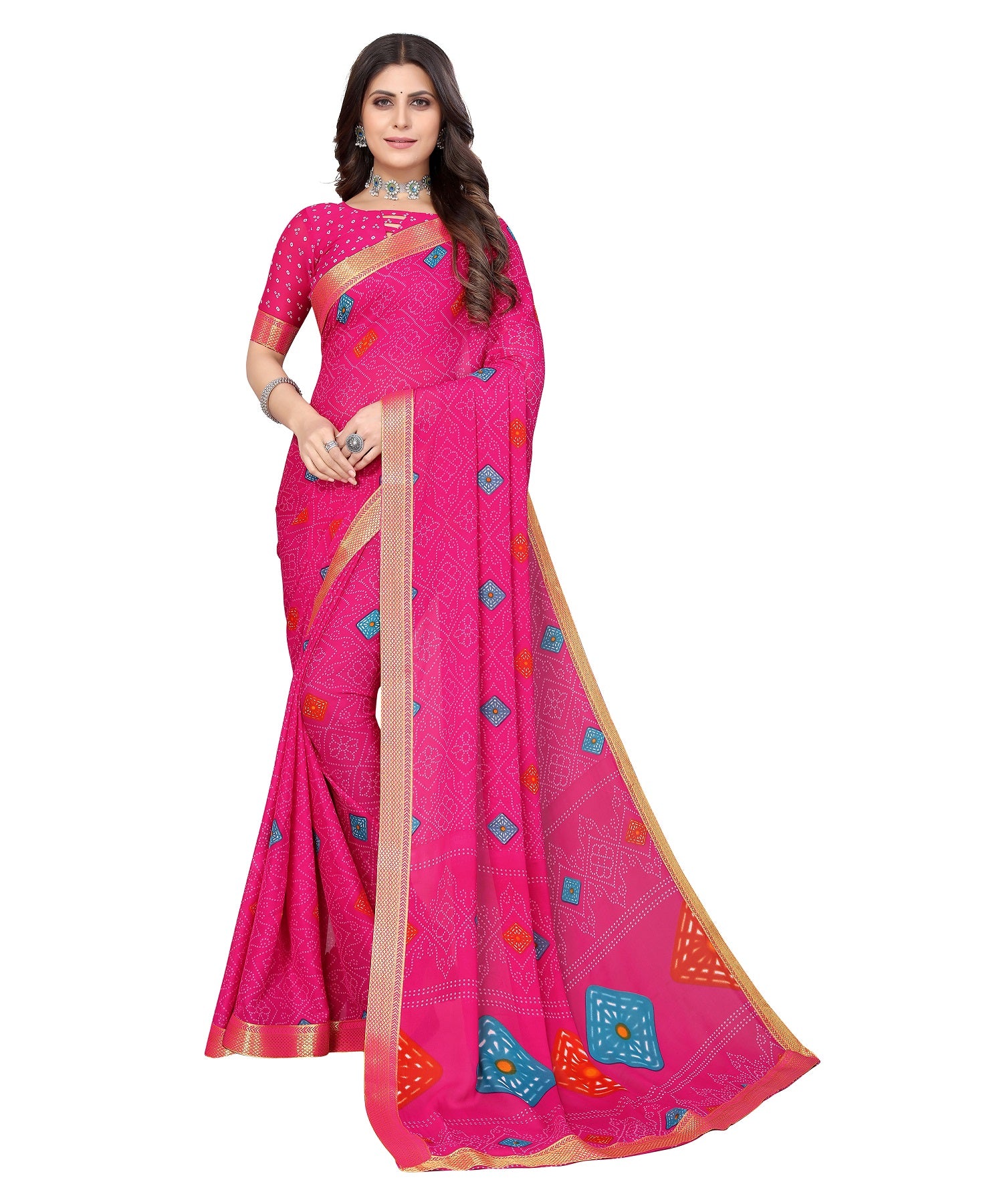 Vamika Pink Georgette Printed With Lace Saree - Distacart