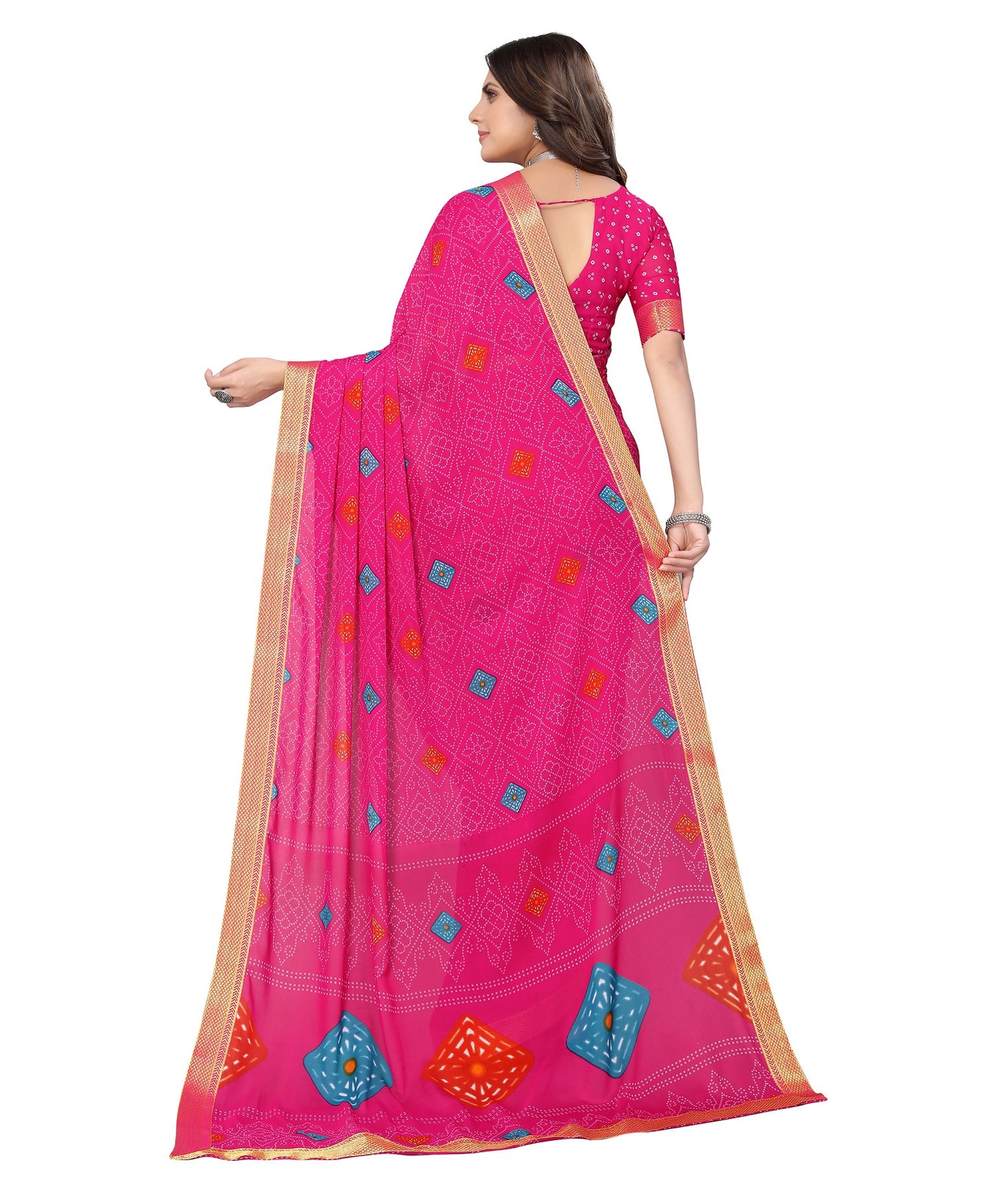 Vamika Pink Georgette Printed With Lace Saree - Distacart