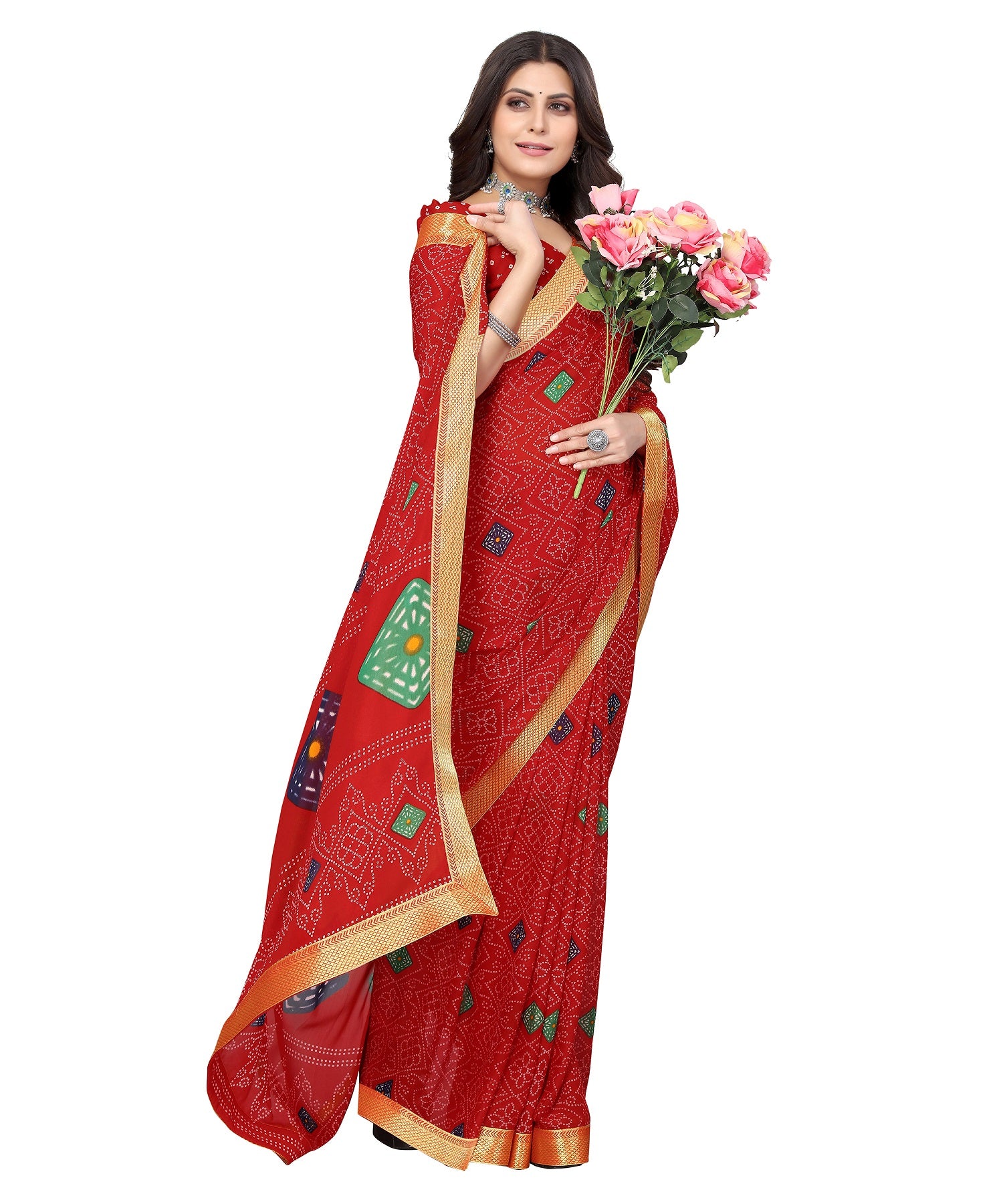 Vamika Red Georgette Printed With Lace Saree - Distacart