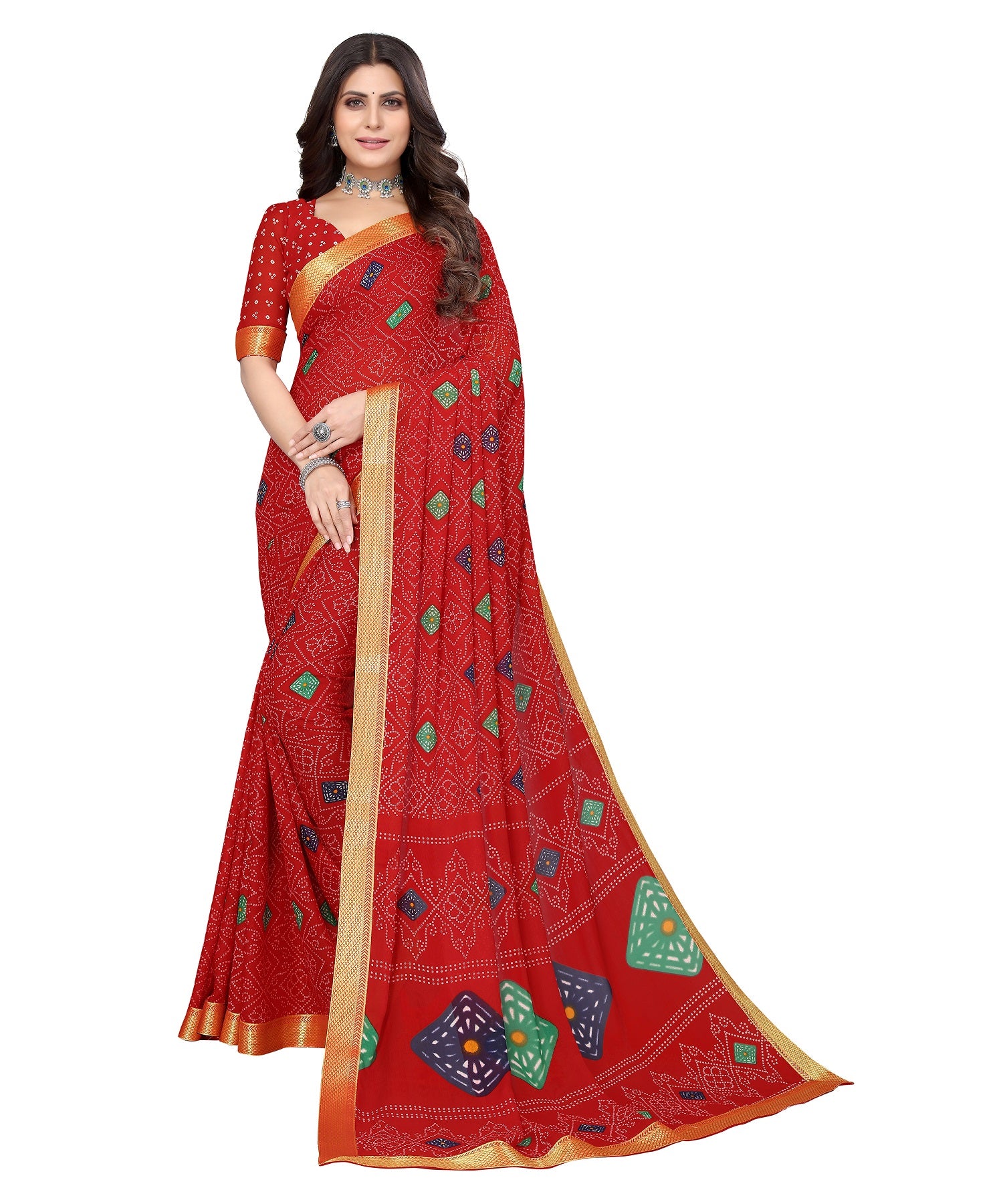 Vamika Red Georgette Printed With Lace Saree - Distacart