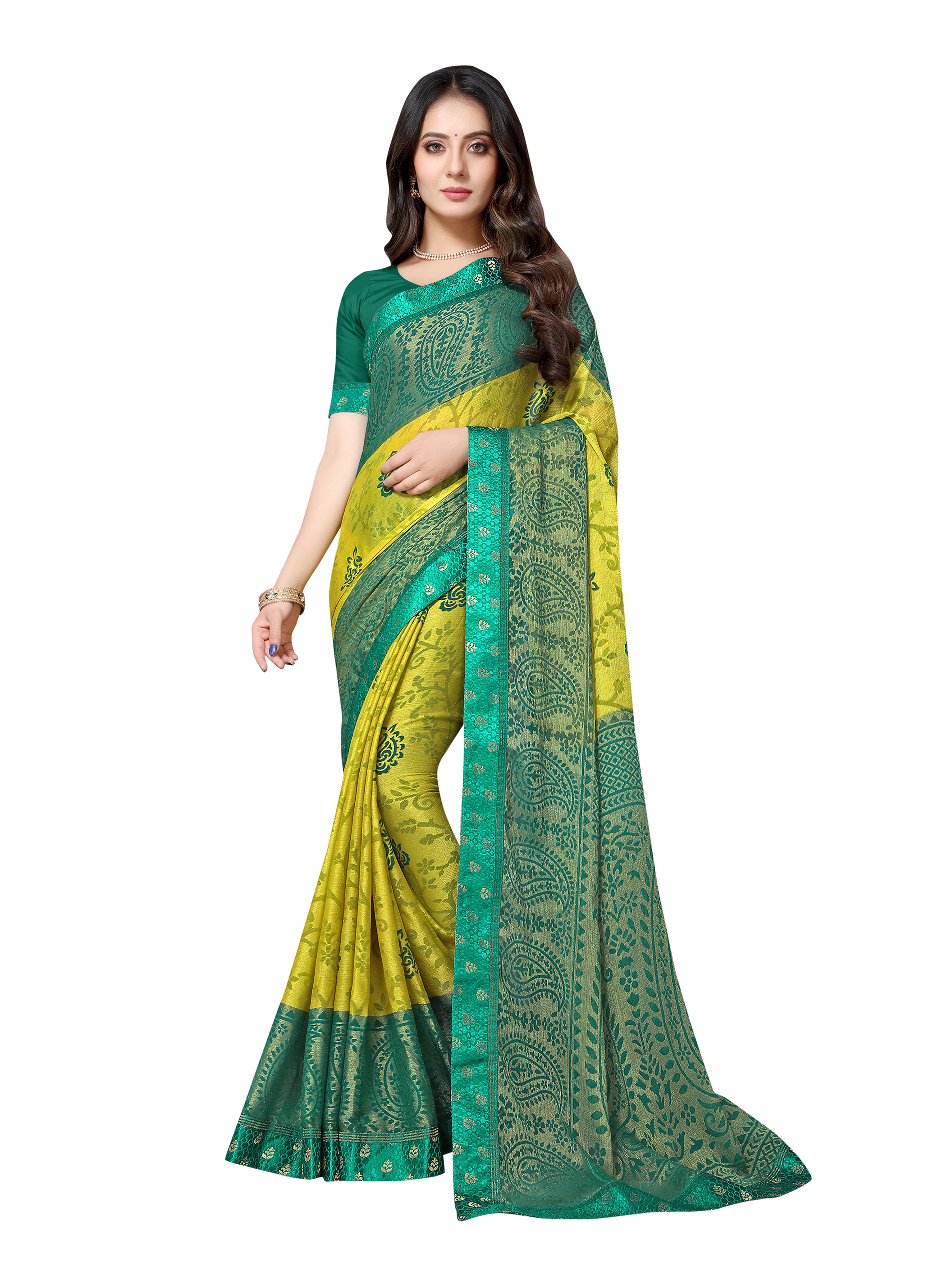 Vamika Light &Dark Green Designer Brasso Sarees With Exclusive Soft Banarsi Brocket Lace - Distacart