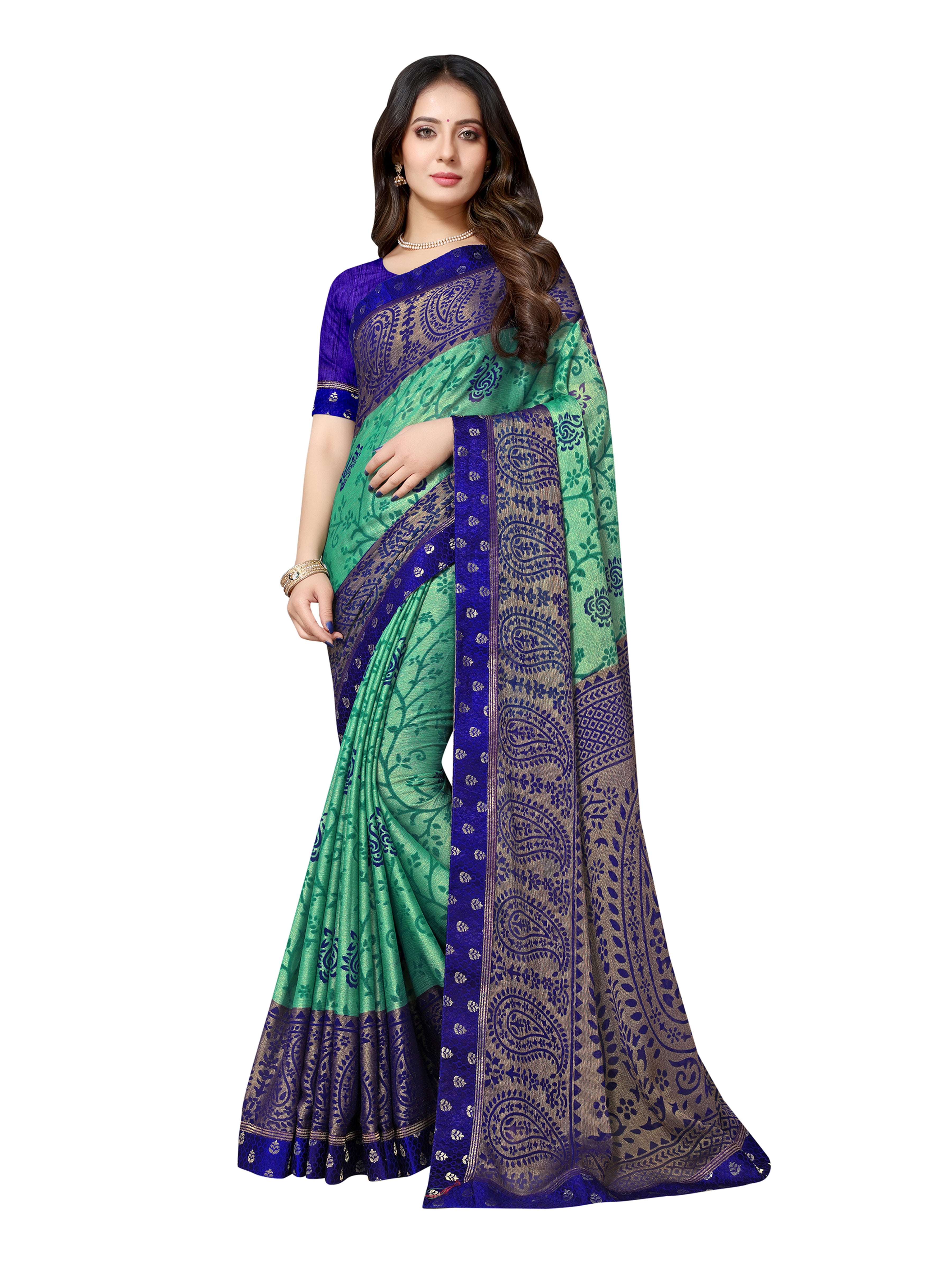 Vamika Rama&Blue Designer Brasso Sarees With Exclusive Soft Banarsi Brocket Lace - Distacart