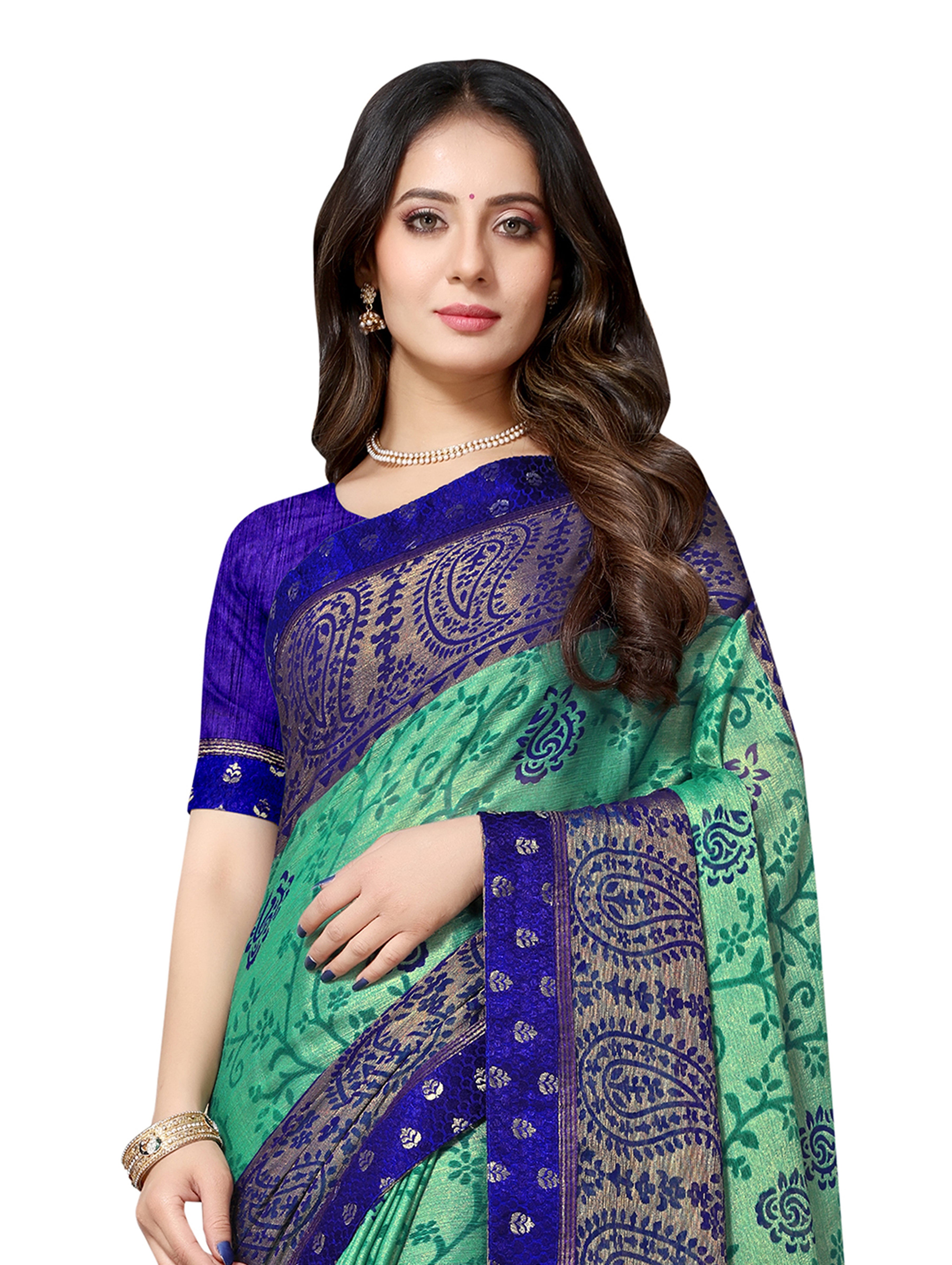 Vamika Rama&Blue Designer Brasso Sarees With Exclusive Soft Banarsi Brocket Lace - Distacart