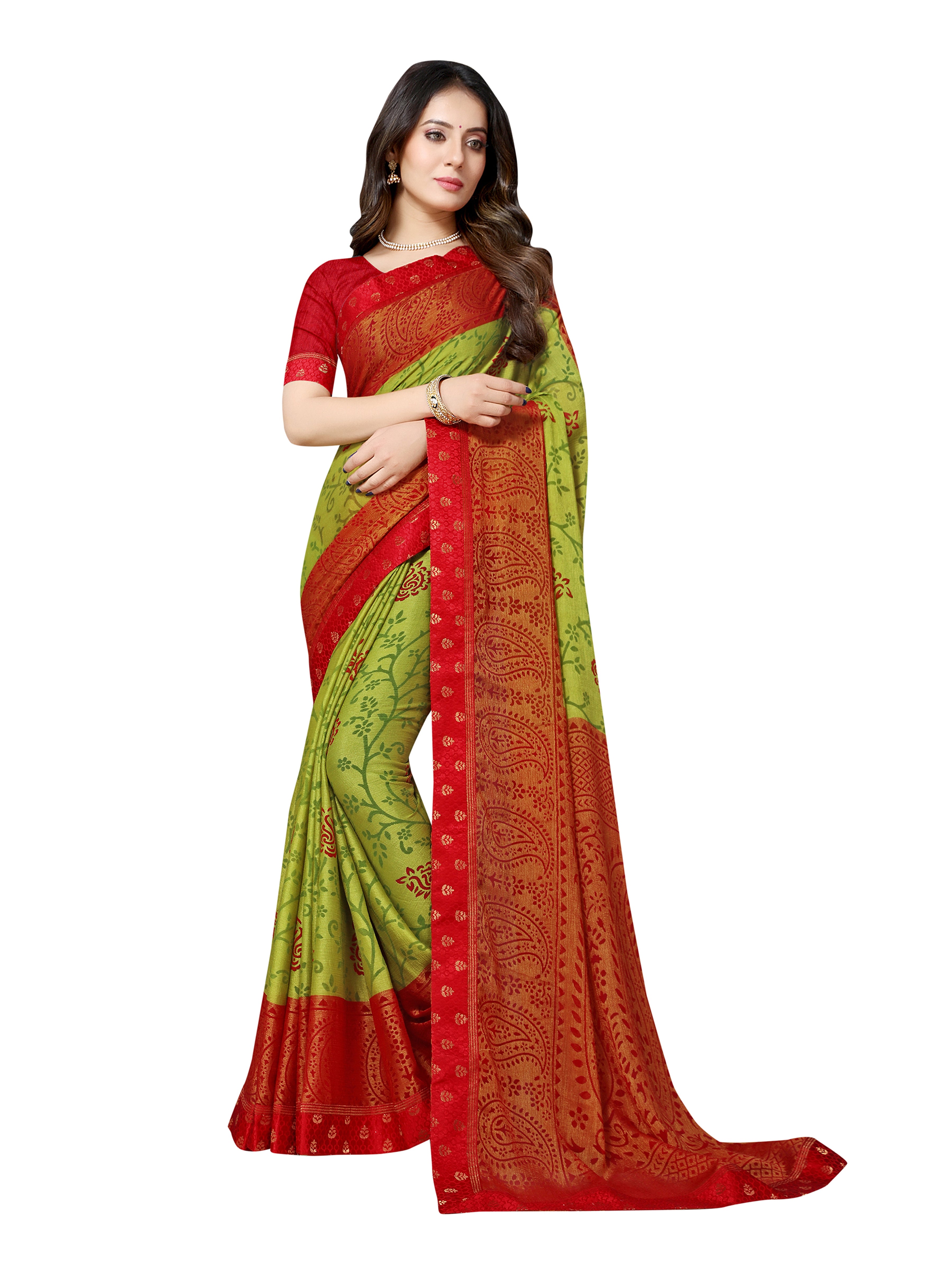 Vamika Green & Red Designer Brasso Sarees With Exclusive Soft Banarsi Brocket Lace - Distacart