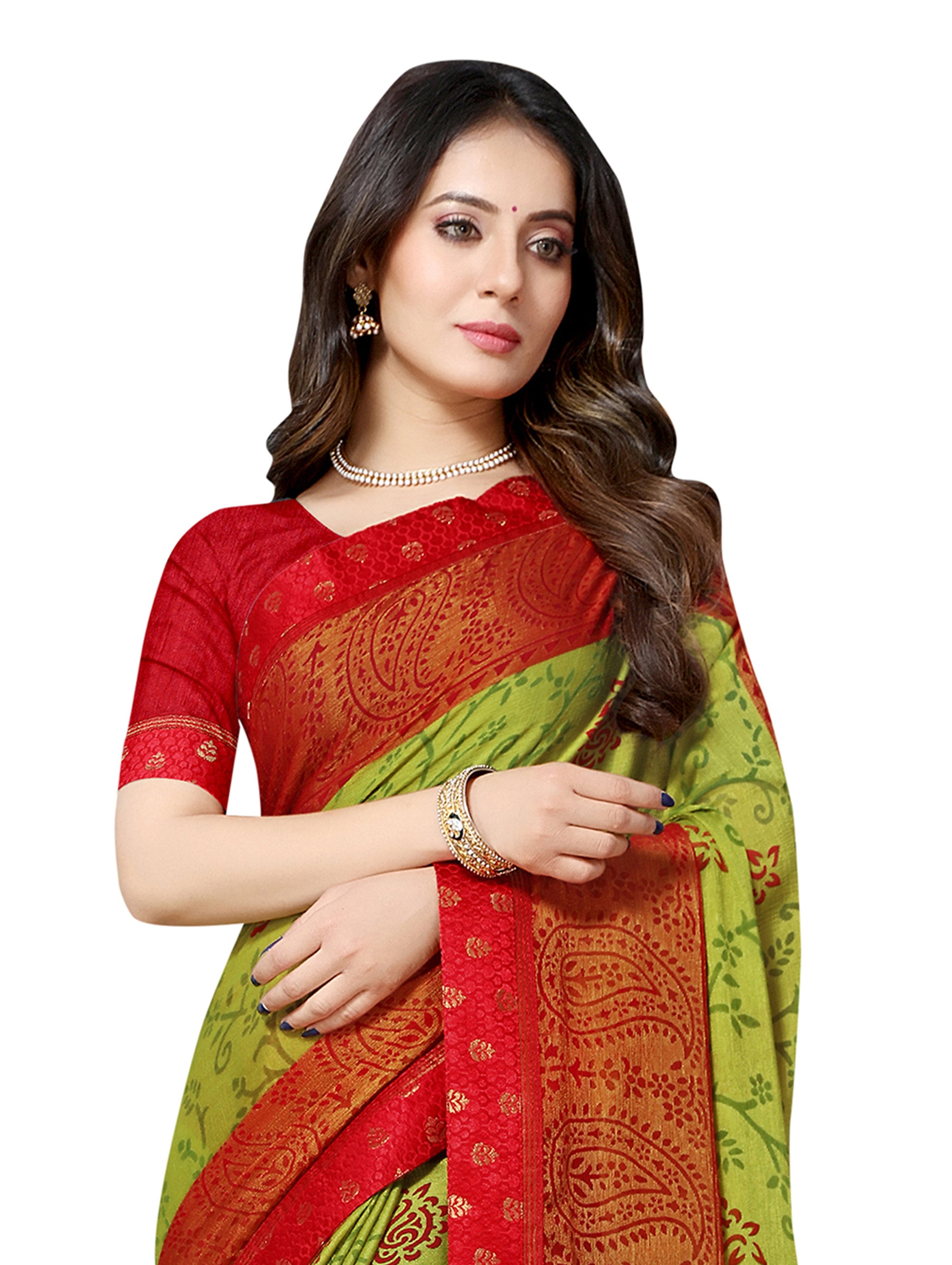 Vamika Green & Red Designer Brasso Sarees With Exclusive Soft Banarsi Brocket Lace - Distacart
