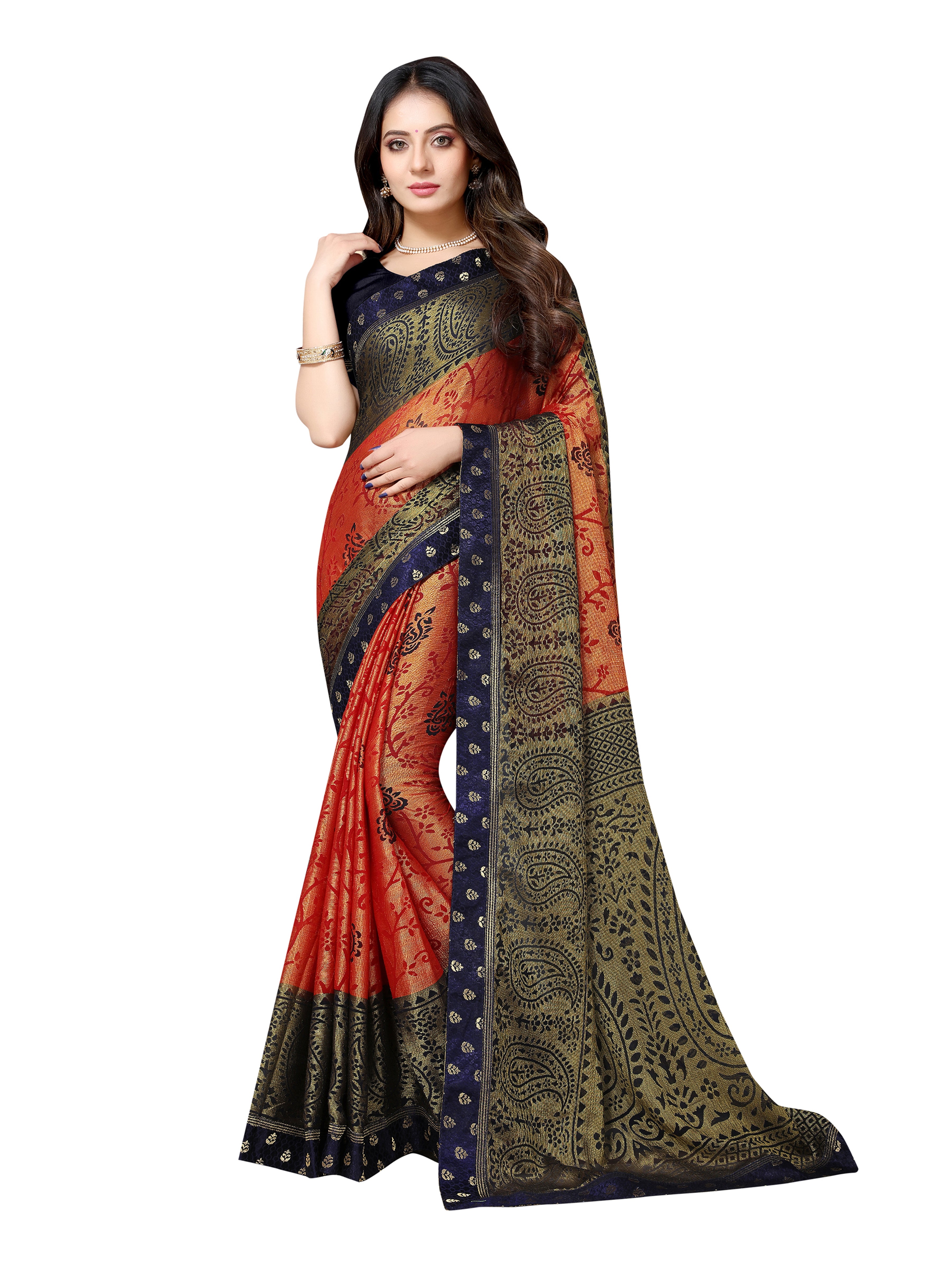Vamika Orange & Navy Blue Designer Brasso Sarees With Exclusive Soft Banarsi Brocket Lace - Distacart