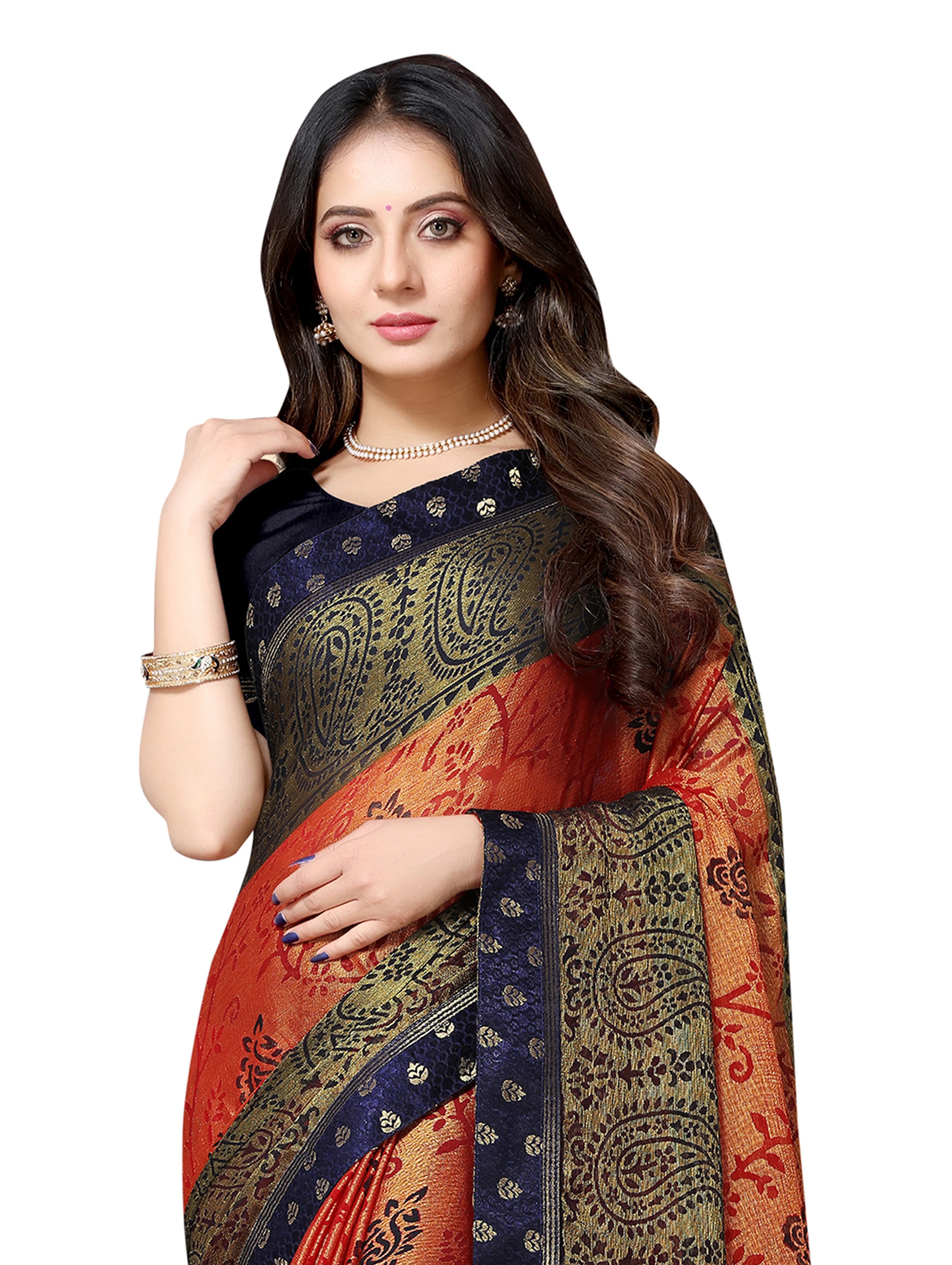 Vamika Orange & Navy Blue Designer Brasso Sarees With Exclusive Soft Banarsi Brocket Lace - Distacart
