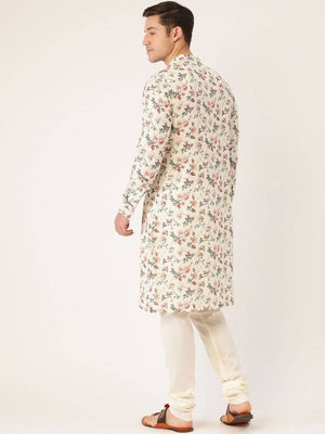 Manyavar Men Off-White & Pink Floral Print Straight Kurta - Distacart