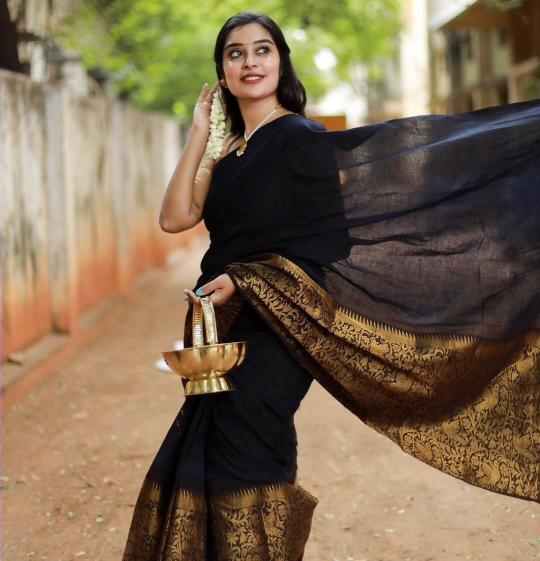 DEIANA'S Beautiful Golden Jari with New Design Soft Lichi Silk Saree - Black - Distacart