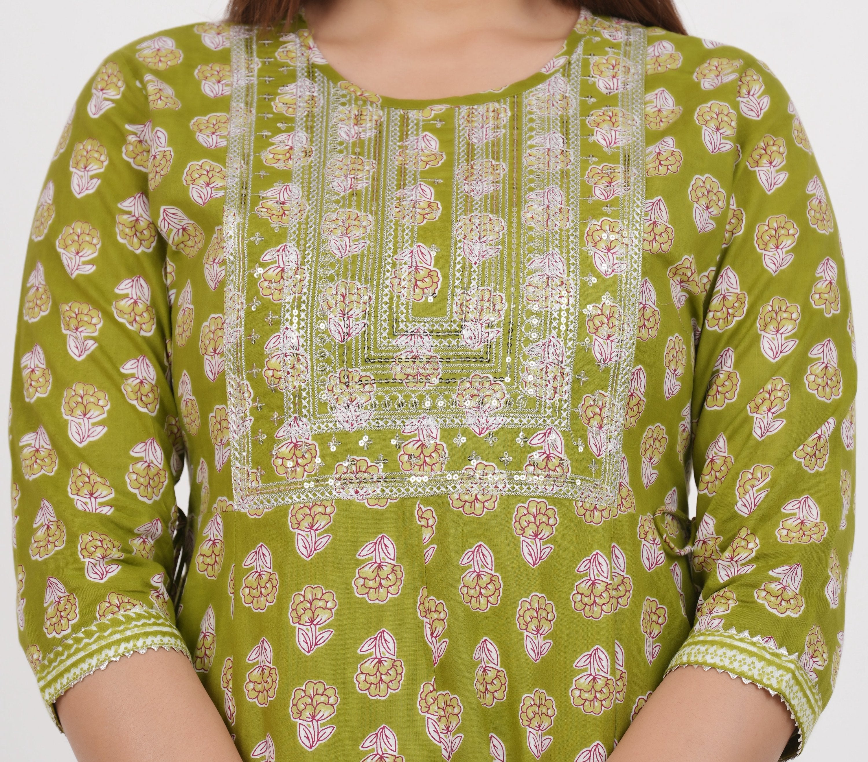 House of RP Women's Green Cotton Floral Yoke Embroidered Anarkali Kurta & Pant Set - Distacart