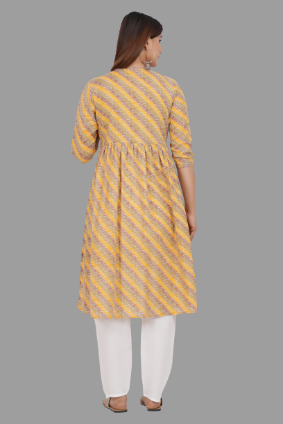 House of RP Women's Yellow Cotton Laheriya Print Embroidered Flared Kurta - Distacart