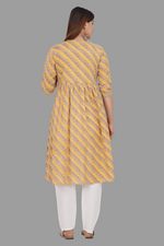 Thumbnail for House of RP Women's Yellow Cotton Laheriya Print Embroidered Flared Kurta - Distacart