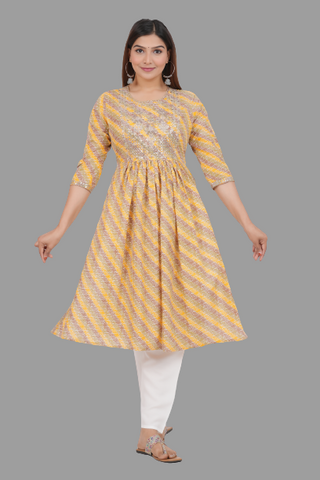 House of RP Women's Yellow Cotton Laheriya Print Embroidered Flared Kurta - Distacart
