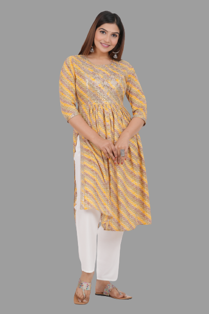 House of RP Women's Yellow Cotton Laheriya Print Embroidered Flared Kurta - Distacart