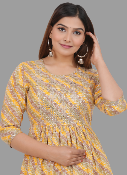 House of RP Women's Yellow Cotton Laheriya Print Embroidered Flared Kurta - Distacart