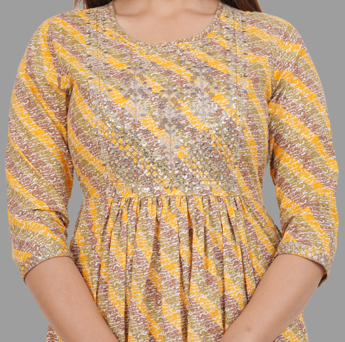 House of RP Women's Yellow Cotton Laheriya Print Embroidered Flared Kurta - Distacart