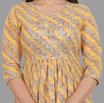 Thumbnail for House of RP Women's Yellow Cotton Laheriya Print Embroidered Flared Kurta - Distacart