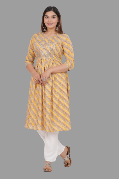 House of RP Women's Yellow Cotton Laheriya Print Embroidered Flared Kurta - Distacart