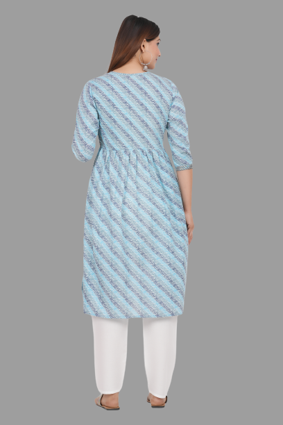 House of RP Women's SkyBlue Cotton Laheriya Print Embroidered Flared Kurta - Distacart