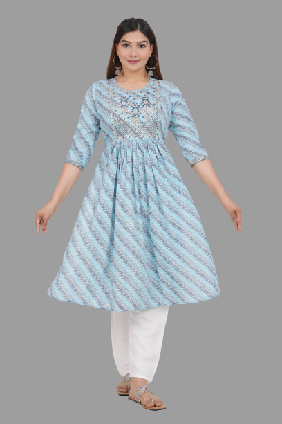 House of RP Women's SkyBlue Cotton Laheriya Print Embroidered Flared Kurta - Distacart