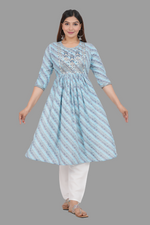 Thumbnail for House of RP Women's SkyBlue Cotton Laheriya Print Embroidered Flared Kurta - Distacart