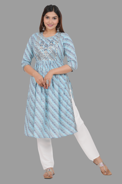 House of RP Women's SkyBlue Cotton Laheriya Print Embroidered Flared Kurta - Distacart