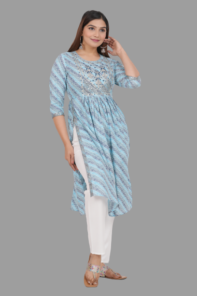 House of RP Women's SkyBlue Cotton Laheriya Print Embroidered Flared Kurta - Distacart