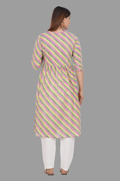 House of RP Women's Light Green Cotton Laheriya Print Embroidered Flared Kurta - Distacart