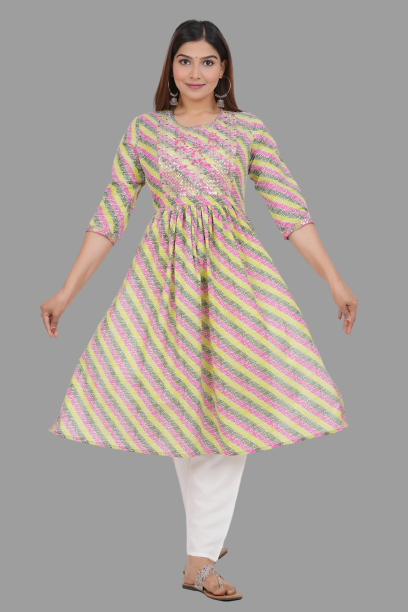 House of RP Women's Light Green Cotton Laheriya Print Embroidered Flared Kurta - Distacart