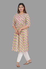 Thumbnail for House of RP Women's Light Green Cotton Laheriya Print Embroidered Flared Kurta - Distacart