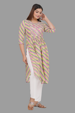 Thumbnail for House of RP Women's Light Green Cotton Laheriya Print Embroidered Flared Kurta - Distacart