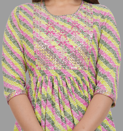 House of RP Women's Light Green Cotton Laheriya Print Embroidered Flared Kurta - Distacart