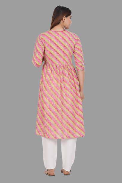 House of RP Women's Pink Cotton Laheriya Print Embroidered Flared Kurta - Distacart