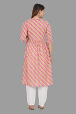 Thumbnail for House of RP Women's Pink Cotton Laheriya Print Embroidered Flared Kurta - Distacart