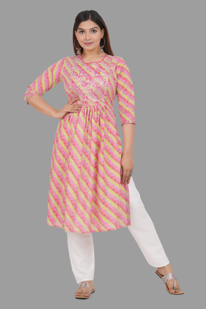 House of RP Women's Pink Cotton Laheriya Print Embroidered Flared Kurta - Distacart