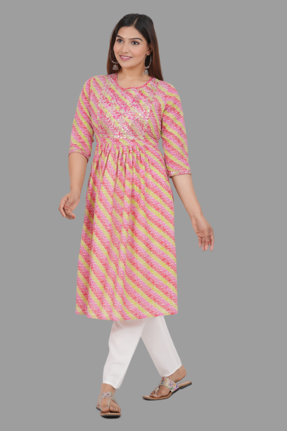 House of RP Women's Pink Cotton Laheriya Print Embroidered Flared Kurta - Distacart