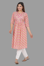 Thumbnail for House of RP Women's Pink Cotton Laheriya Print Embroidered Flared Kurta - Distacart