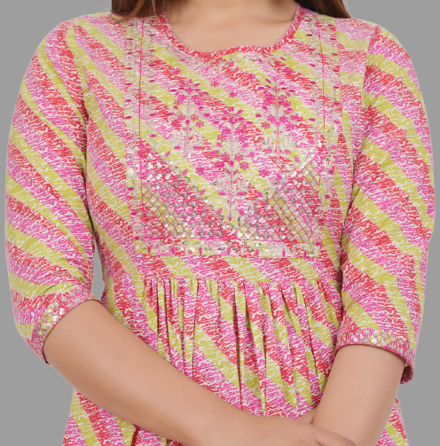House of RP Women's Pink Cotton Laheriya Print Embroidered Flared Kurta - Distacart