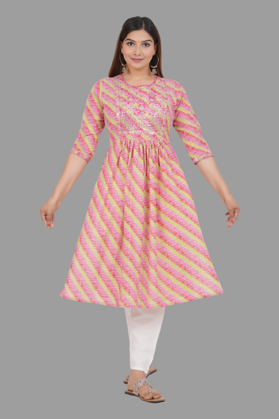 House of RP Women's Pink Cotton Laheriya Print Embroidered Flared Kurta - Distacart