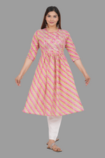 Thumbnail for House of RP Women's Pink Cotton Laheriya Print Embroidered Flared Kurta - Distacart