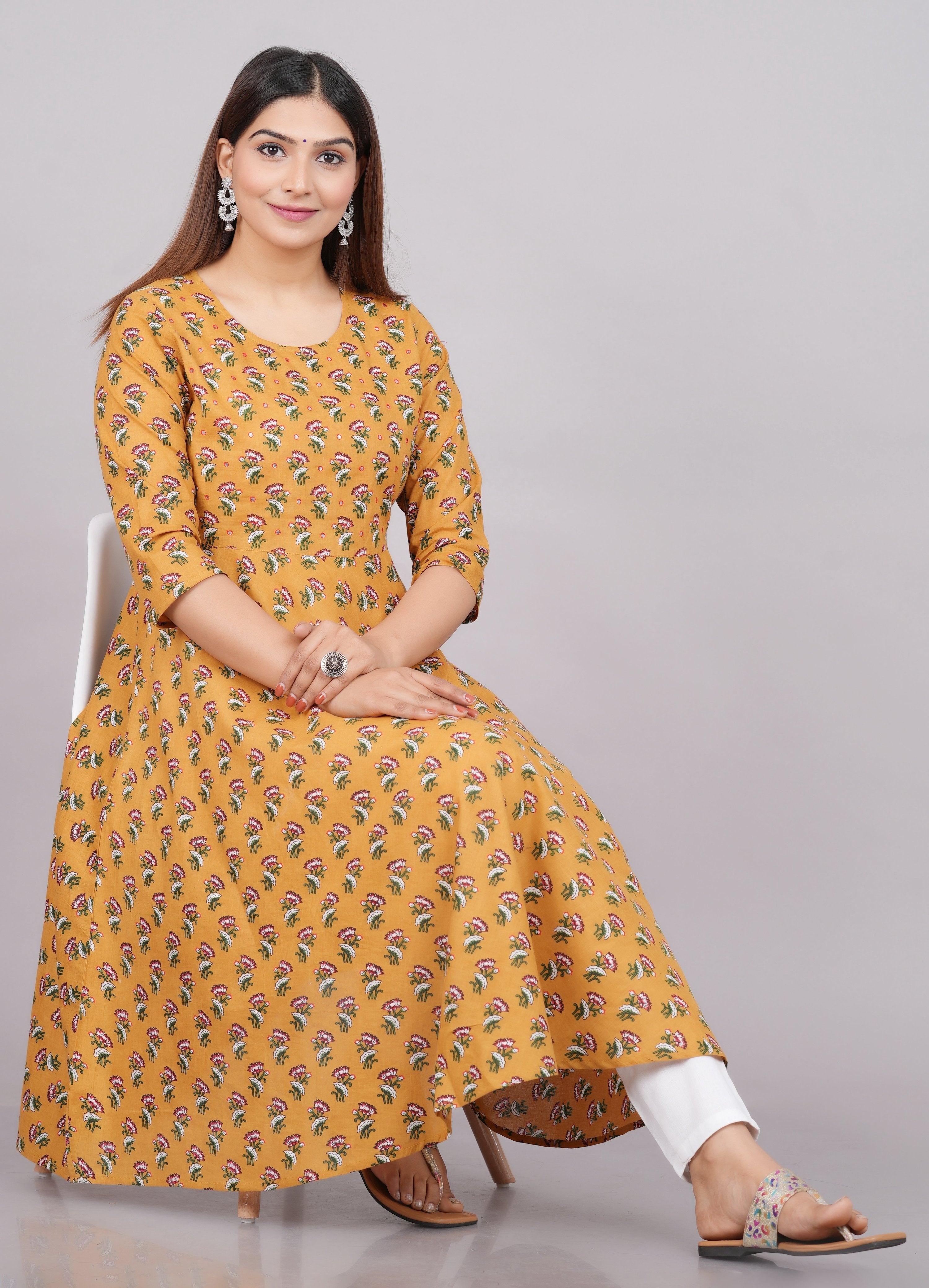 House of RP Women Mustard Cotton Floral Print Anarkali Kurta - Distacart