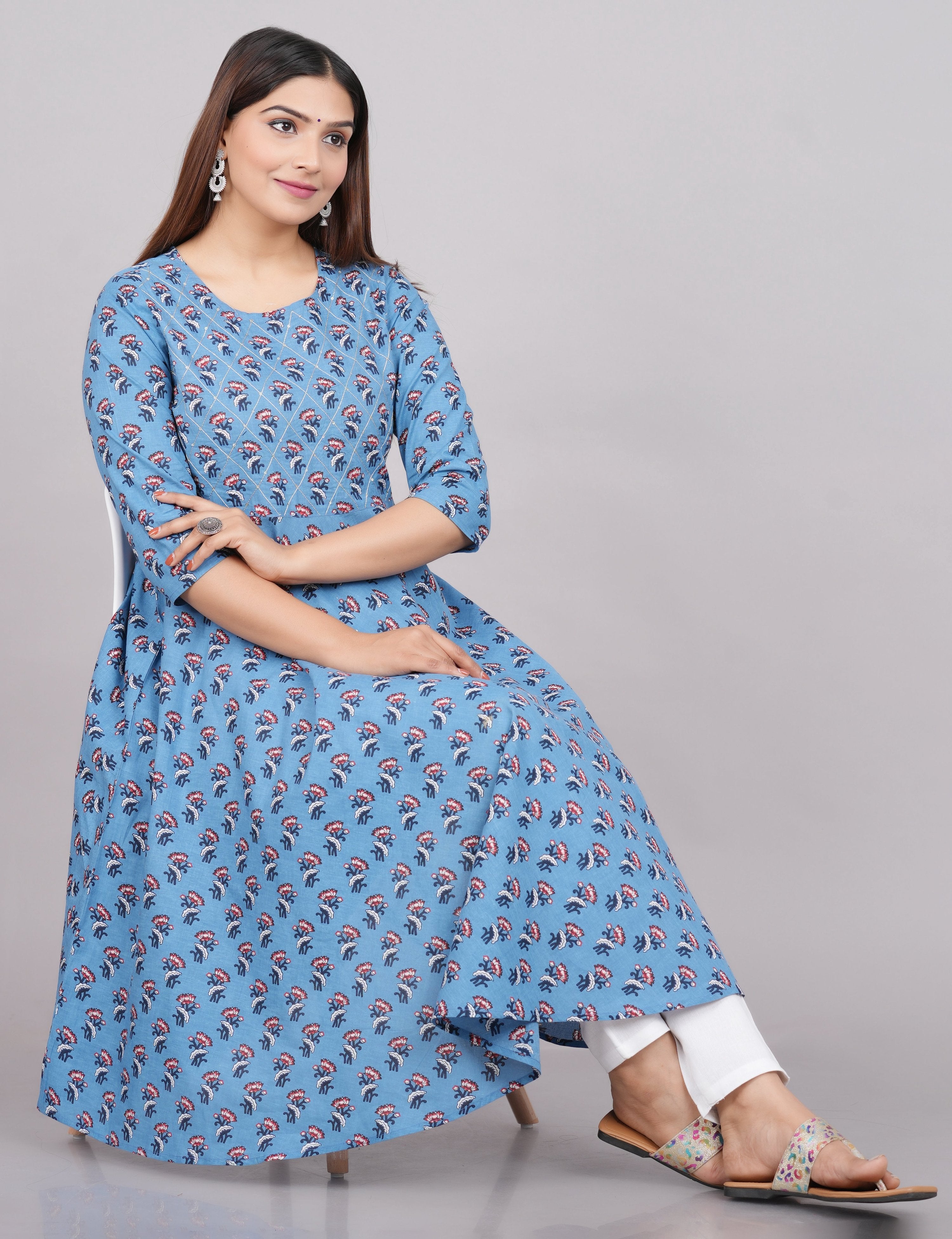 House of RP Women Aqua Blue Cotton Floral Print Anarkali Kurta - Distacart