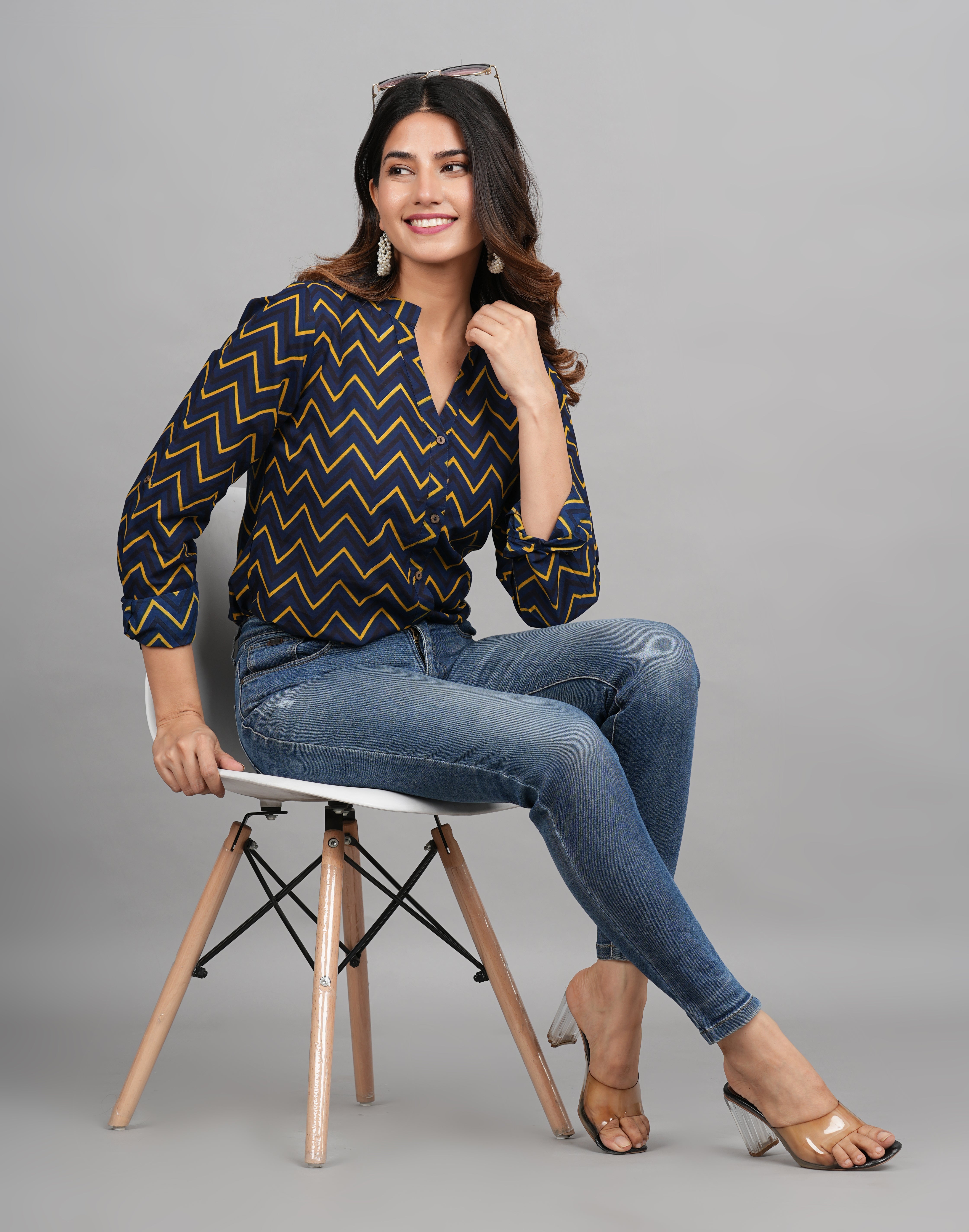 House of RP Women Cotton Dark Blue Print Casual Shirt - Distacart