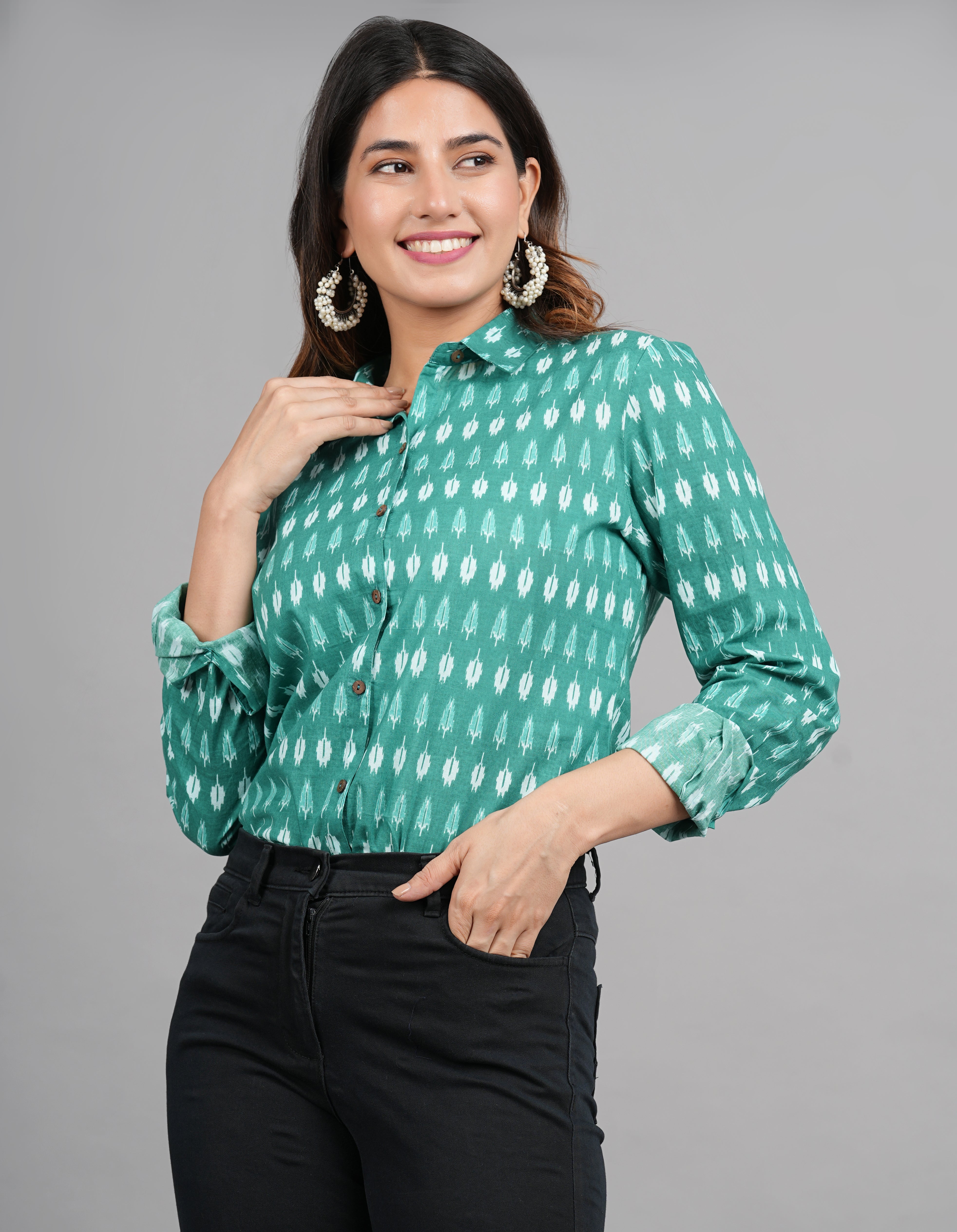 House of RP Women Cotton Green Print Casual Shirt - Distacart
