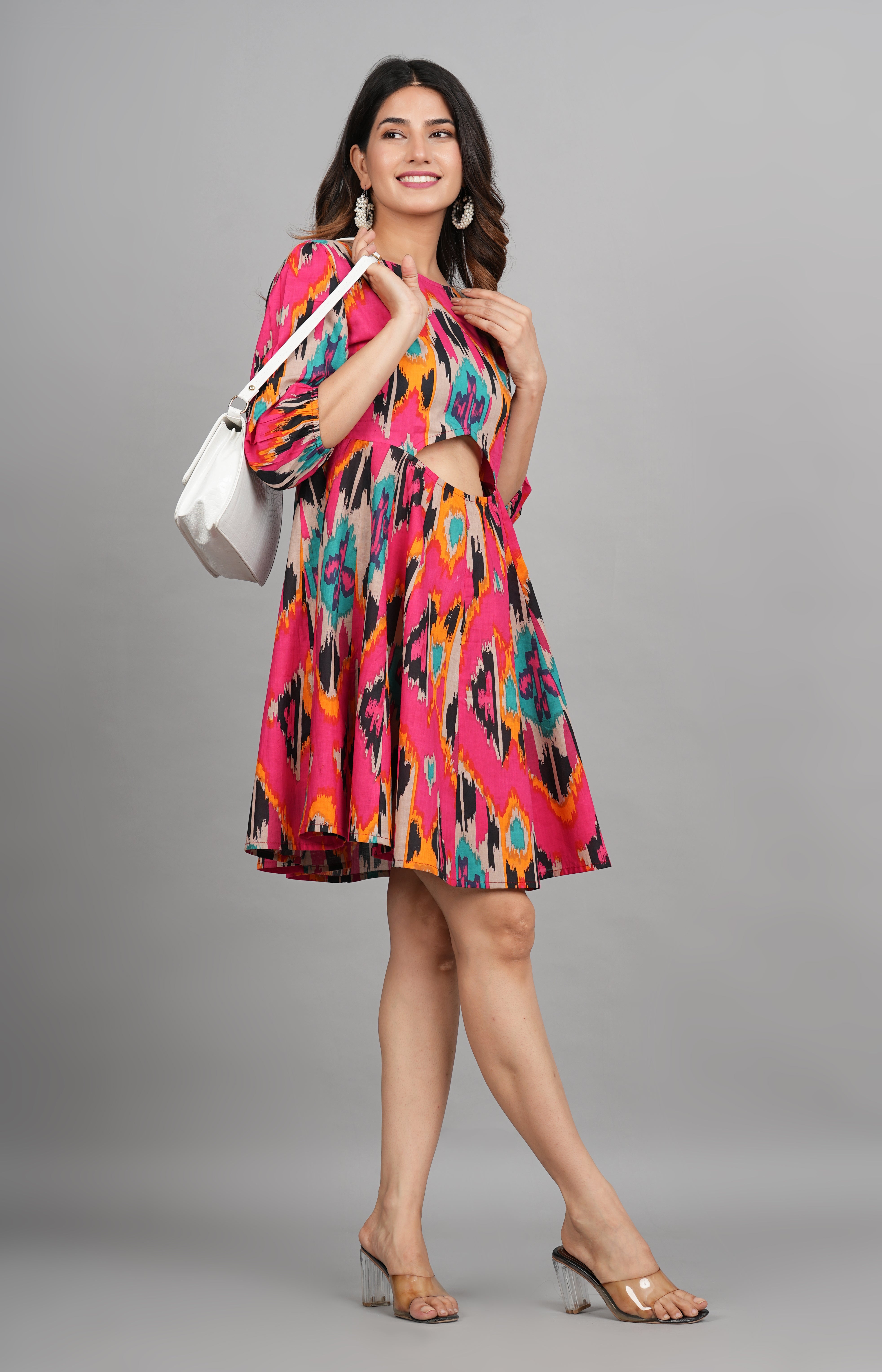 House of RP Women Cotton Pink Fit and Flare Short Dress - Distacart
