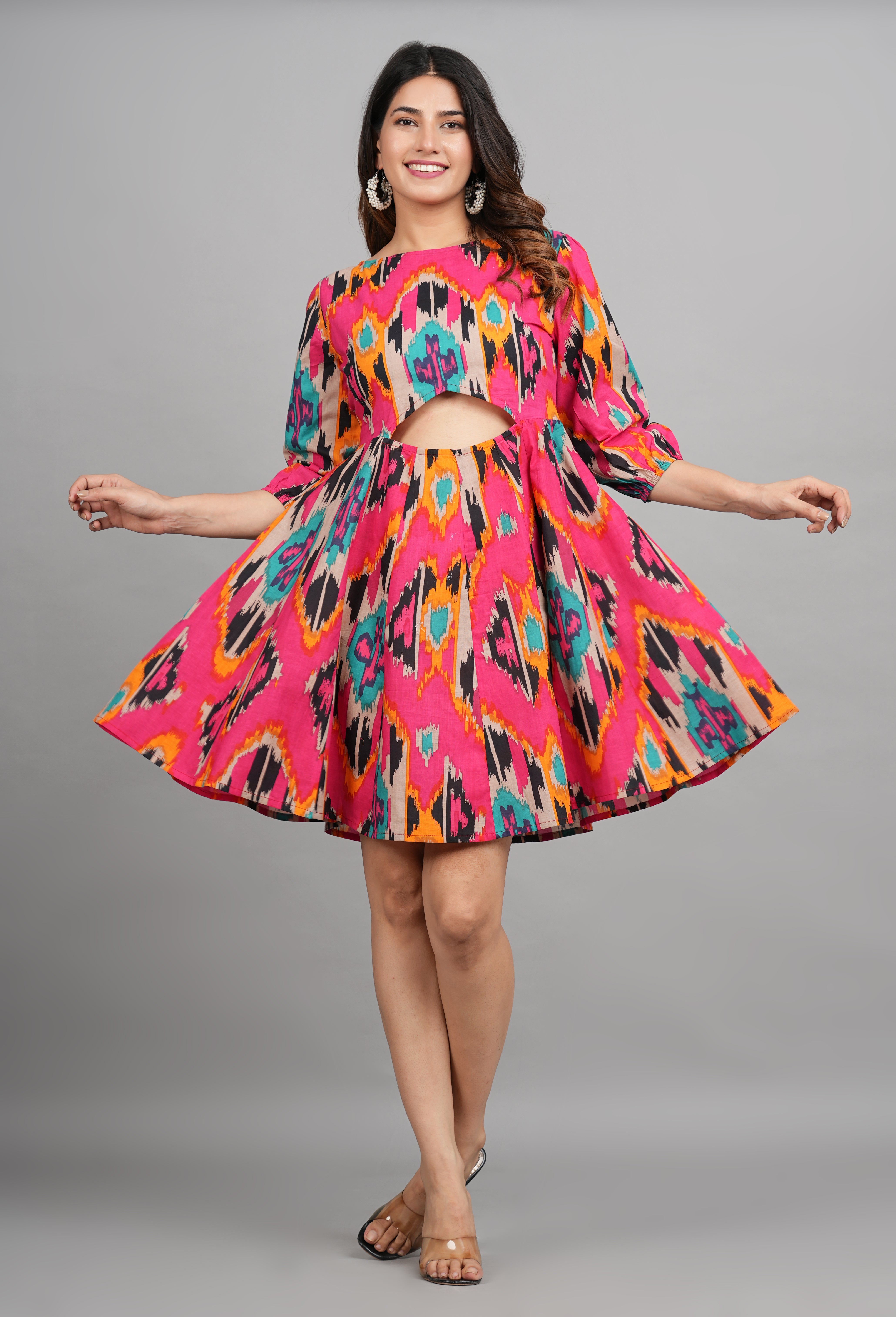 House of RP Women Cotton Pink Fit and Flare Short Dress - Distacart