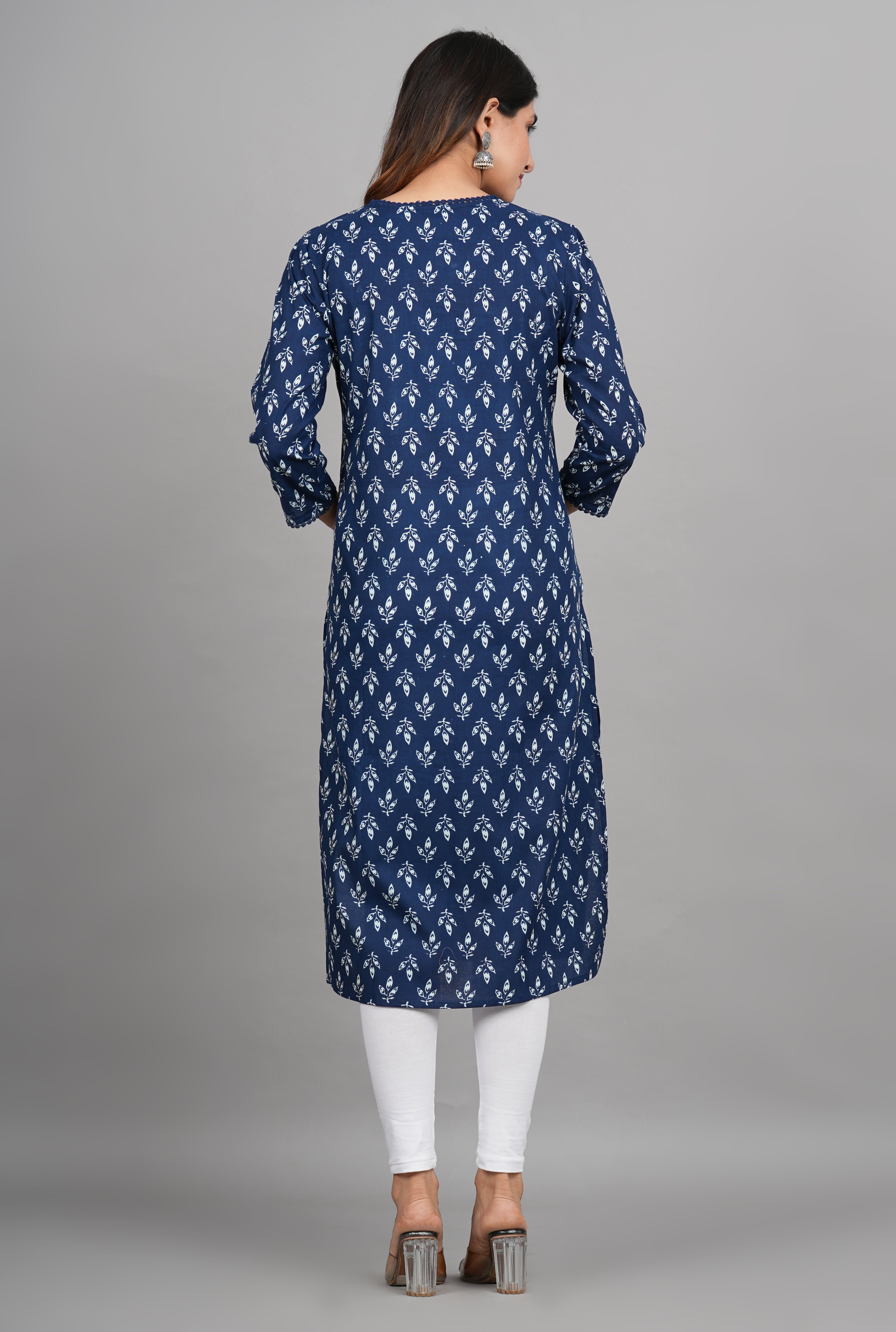 House of RP Women Cotton Blue Floral Print Straight Kurta - Distacart