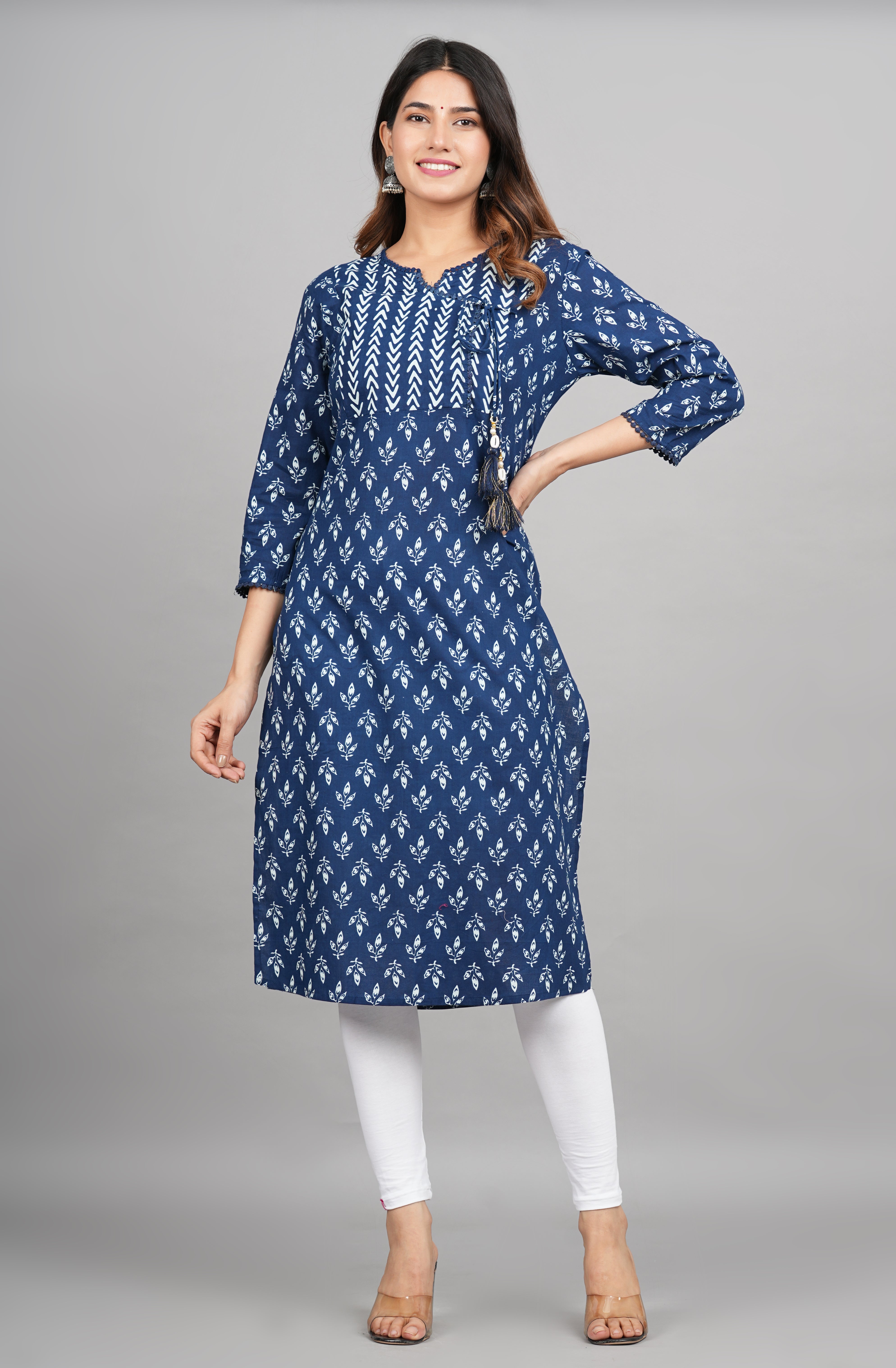 House of RP Women Cotton Blue Floral Print Straight Kurta - Distacart