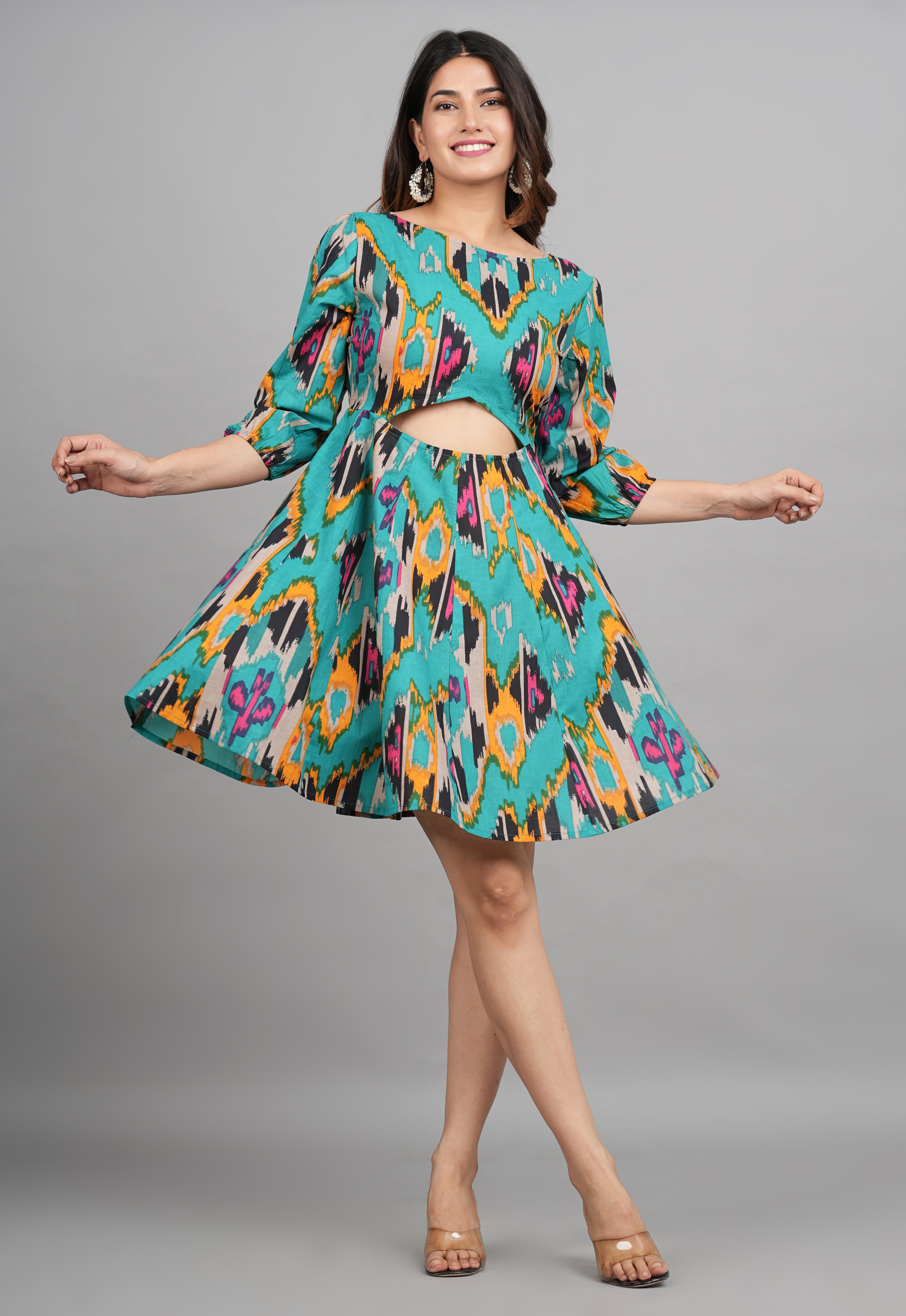 House of RP Women Cotton Green Fit and Flare Short Dress - Distacart