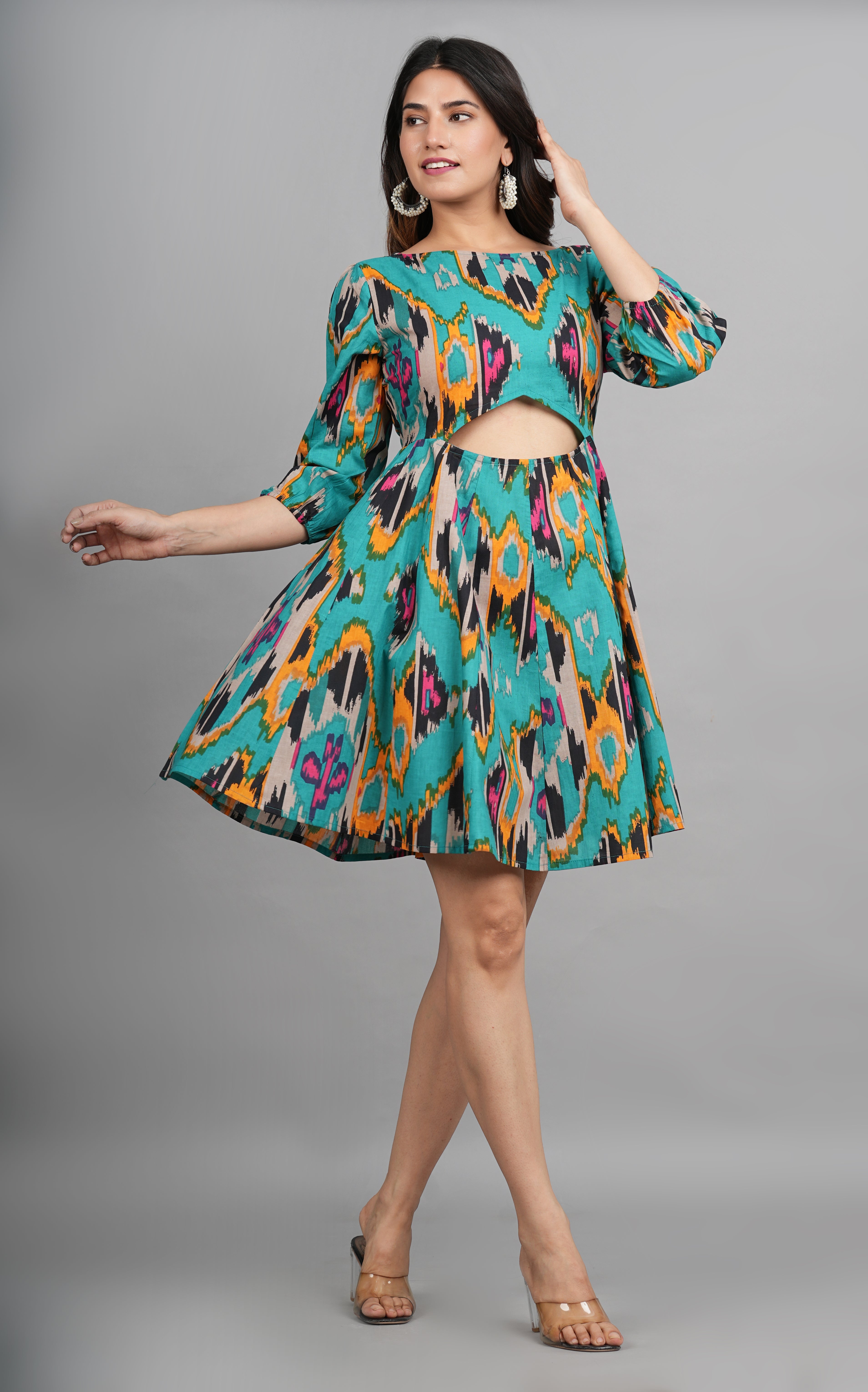 House of RP Women Cotton Green Fit and Flare Short Dress - Distacart